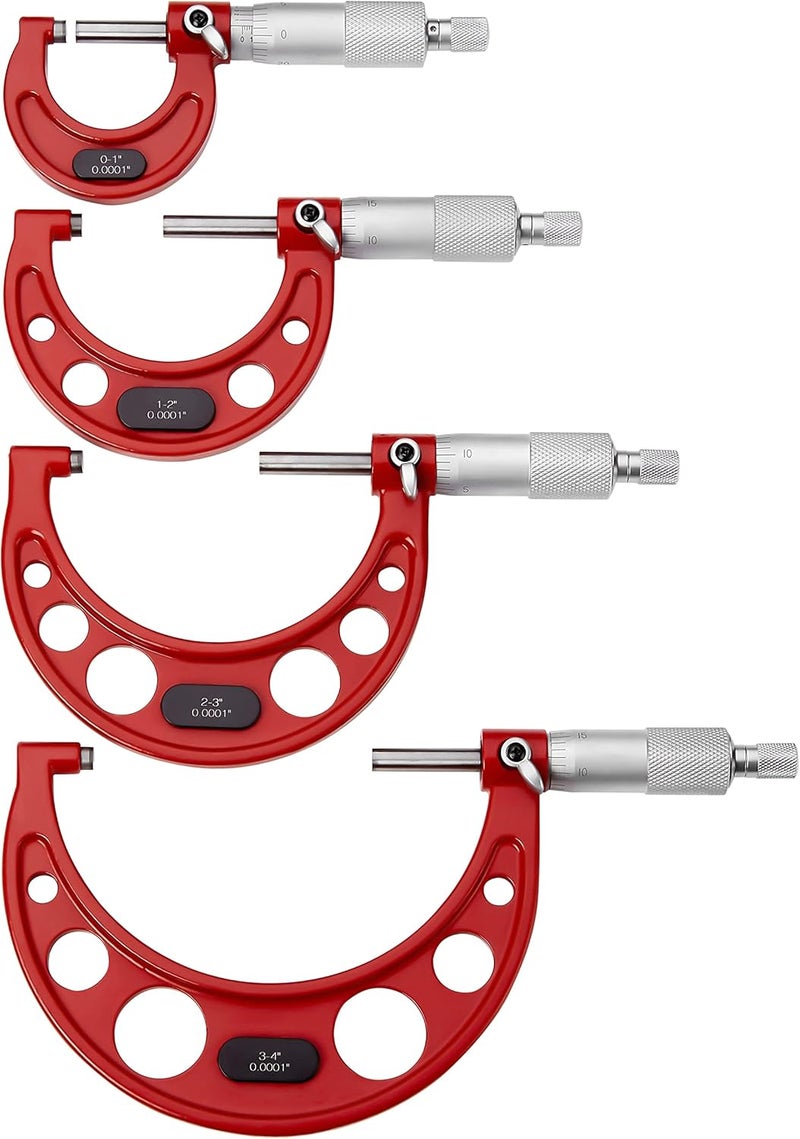 SANDOR Premium Outside Micrometer Set 0-4" / 0.0001" (0-1"/1-2"/2-3"/3-4") Precision Machinist Tools w/Carbide Tips, Standards, Ratchet Stop - Image 2